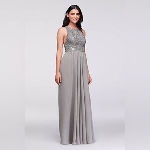 DAVID'S BRIDAL High Neck Sequined Lace and Chiffon Dress STYLE# F19452